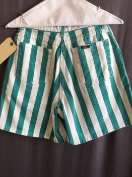 Womens, Shorts, CHIC, Teal Green, White, Cotton, Stripes - Vertical , 3, W 22, Jean Cut, Zip Front, 5 Pockets