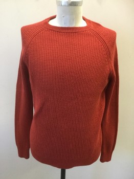 Mens, Pullover Sweater, J. CREW, Dk Red, Cotton, Solid, M, Ribbed Knit, Crew Neck, Long Sleeves, Raglan Sleeves