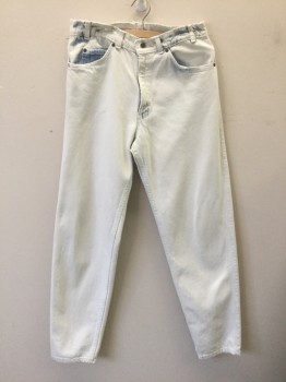 Mens, Jeans, LEVI'S, White, Denim Blue, Cotton, Faded, Solid, Ins:33, W:31, Bleached White Denim with Blue Denim Peeking Out at Pockets/Waist, Classic Tapered Leg, Zip Fly, 5 Pockets, Some Light Stains Lower Left Leg