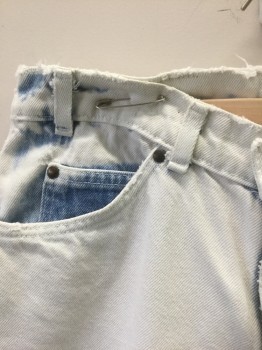 Mens, Jeans, LEVI'S, White, Denim Blue, Cotton, Faded, Solid, Ins:33, W:31, Bleached White Denim with Blue Denim Peeking Out at Pockets/Waist, Classic Tapered Leg, Zip Fly, 5 Pockets, Some Light Stains Lower Left Leg