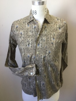 SHERATON, Beige, Almond, Blue, Black, Cotton, Polyester, Novelty Pattern, Long Sleeves, Button Front, Collar Attached, 2 Pockets, Bricks with Centurion with Fire, Double, See FC048282