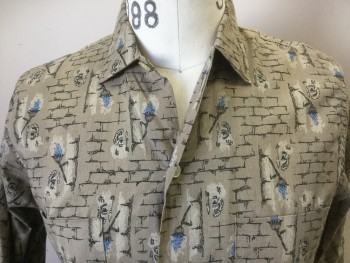SHERATON, Beige, Almond, Blue, Black, Cotton, Polyester, Novelty Pattern, Long Sleeves, Button Front, Collar Attached, 2 Pockets, Bricks with Centurion with Fire, Double, See FC048282