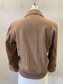 Mens, Jacket, GREAT WESTERN , Dusty Brown, Wool, Solid, 40, Zip Front, Collar Attached, 4 Pockets, Long Sleeves, Button Tab at Cuff, Ribbed Knit Waistband *Sleeve Hems Fraying with Holes, Repaired Hole in Waistband Front