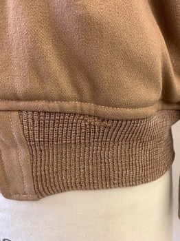 Mens, Jacket, GREAT WESTERN , Dusty Brown, Wool, Solid, 40, Zip Front, Collar Attached, 4 Pockets, Long Sleeves, Button Tab at Cuff, Ribbed Knit Waistband *Sleeve Hems Fraying with Holes, Repaired Hole in Waistband Front
