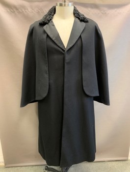 N/L MTO, Black, Wool, Solid, Inverness Cape, Caped Shoulders with No Sleeves Underneath, Notched Lapel with Persian Lamb Fur Panel Around the Neck, 4 Buttons, Ankle Length, Made To Order,
