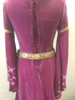 Womens, Historical Fiction Dress, BILL HARGATE, Magenta Pink, Gold, Cotton, Polyester, Solid, Geometric, W24-30, B:32-8, Magenta Crushed Velvet with Magenta and Gold Iridescent Ornate Patterned Brocade Down Center Front, Scoop Neck, Gothic Drapey Sleeves with Burnout Velvet Ornately Swirled Edges, Gold Metallic Lamé Under Sleeves, Lacing/Ties in Back, Floor Length, Medieval Made to Order **With Matching Belt, Gold Lace with Gold Metal Plaques, Gold Chains
