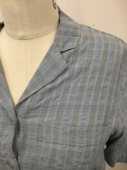 EILEEN FISHER, Lt Blue, Gray, Cotton, Grid , Seersucker, Button Front, Collar Attached, 1 Pocket, Short Sleeves, Pleat at Back Yoke