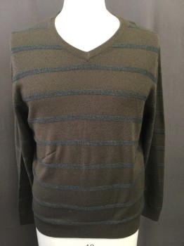 Mens, Pullover Sweater, HAGGAR, Brown, Charcoal Gray, Acrylic, Stripes, L, V-neck,
