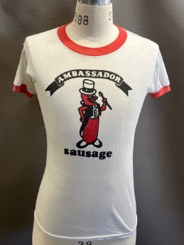Mens, T-shirt, N/L, Off White, Red, Black, Cotton, Polyester, Solid, Text, C:38, S, CN, S/S, Red Rib Knit On Neck & Sleeves, Picture of a Sausage with Hat on and "AMBASSADOR SAUSAGE"