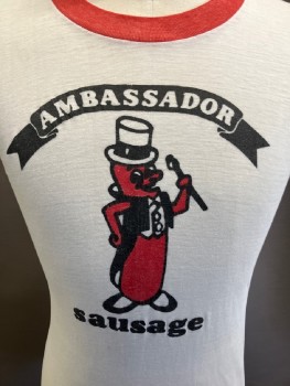 Mens, T-shirt, N/L, Off White, Red, Black, Cotton, Polyester, Solid, Text, C:38, S, CN, S/S, Red Rib Knit On Neck & Sleeves, Picture of a Sausage with Hat on and "AMBASSADOR SAUSAGE"