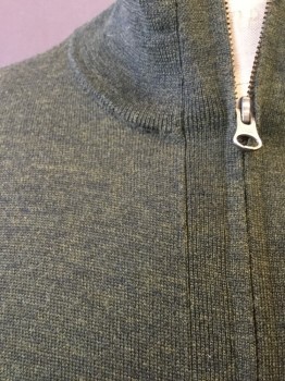 Mens, Pullover Sweater, JCREW, Moss Green, Black, Wool, Solid, L, Mock Zipper Neck