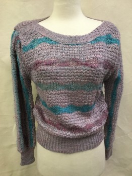Womens, Sweater, CRISTINA'S, Mauve Pink, Purple, Turquoise Blue, Acrylic, Heathered, Stripes - Horizontal , M, Knit, Wavy Stripes, Boat Neck, Pull Over, Long Sleeves
