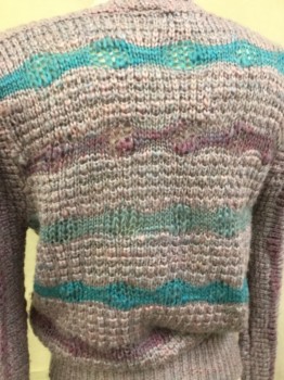 Womens, Sweater, CRISTINA'S, Mauve Pink, Purple, Turquoise Blue, Acrylic, Heathered, Stripes - Horizontal , M, Knit, Wavy Stripes, Boat Neck, Pull Over, Long Sleeves