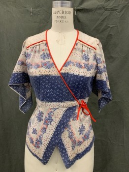 YOU BABES, White, Blue, Red, Cotton, Stripes, Floral, Wrap Top, Scarf-like, Flutter Sleeves, Solid Red Piping Trim to Side Tie, White Eyelet Lace Shoulder Panels (aged/dirty), Peplum,