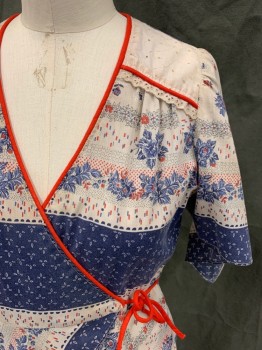 YOU BABES, White, Blue, Red, Cotton, Stripes, Floral, Wrap Top, Scarf-like, Flutter Sleeves, Solid Red Piping Trim to Side Tie, White Eyelet Lace Shoulder Panels (aged/dirty), Peplum,