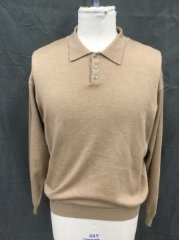 Mens, Pullover Sweater, BRANDINI, Camel Brown, Wool, Solid, XXL, Pullover Polo Style, Eb Collar Attached, Long Sleeves, Ribbed Knit Cuff/Waistband