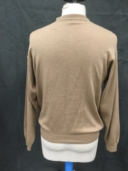 Mens, Pullover Sweater, BRANDINI, Camel Brown, Wool, Solid, XXL, Pullover Polo Style, Eb Collar Attached, Long Sleeves, Ribbed Knit Cuff/Waistband