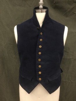 Mens, Historical Fiction Vest, M.B.A. LTD. , Navy Blue, Cotton, Solid, 42, Brushed Cotton, Brass Etched Anchor Button Front, Stand Collar Attached, 2 Flap Pockets, Faded Black Solid Back, 2 Black Twill Ties Back Waist
