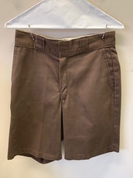 Mens, Shorts, DICKIES, Brown, Poly/Cotton, Solid, W29, Zip Front, Flat Front, 2 Slant Pockets, 2 Back Welt Pockets with One Button, Side Welt Pocket