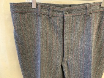 Mens, 1930s Vintage, Suit, Pants, MTO/JOHN DAVID RIDGE, Charcoal Gray, Black, Red, Wool, Stripes - Vertical , Tweed, 34/31, Button Fly, 4 Pockets, + Watch Pocket, Belt Loops,