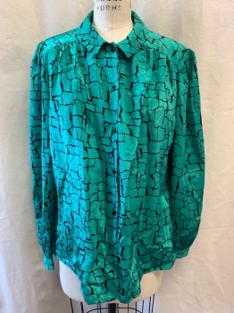 NL, Green, Black, Polyester, Abstract , Collar Attached, Button Front, Long Sleeves, Brick Pattern, Self Pattern