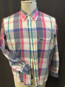 Mens, Dress Shirt, GANT, Off White, Pink, Green, Gray, Steel Blue, Cotton, Polyester, Plaid, Plaid-  Windowpane, 17/33, Collar Attached, Button Down, Button Front, 1 Pocket with Flap, Long Sleeves, Curved Hem