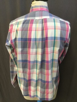 Mens, Dress Shirt, GANT, Off White, Pink, Green, Gray, Steel Blue, Cotton, Polyester, Plaid, Plaid-  Windowpane, 17/33, Collar Attached, Button Down, Button Front, 1 Pocket with Flap, Long Sleeves, Curved Hem