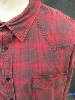 FOUNDRY, Red, Gray, Cotton, Plaid, Button Front, Collar Attached, Long Sleeves, 2 Flap Pockets, Western Yoke