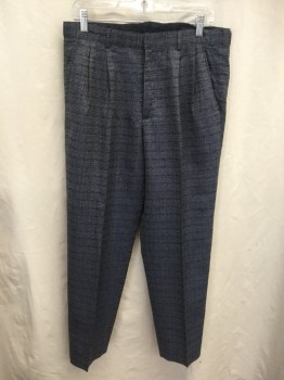 Mens, 1980s Vintage, Suit, Pants, MTO, Dk Blue, White, Silk, 2 Color Weave, 34/30, Double Pleats, Zip Fly, 3 Pockets, Belt Loops, Back Yoke