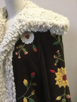 Womens, Coat, VIVIAN TAM, Brown, Ecru, Sunflower Yellow, Green, Red, Cotton, Floral, S, Brown Corduroy with Colorful Floral and Vines Embroidery, Large Ecru Fleece Collar. Cuffs and Center Front Placket, Hidden Hook & Eye Closures, Solid Brown Lining