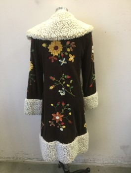 Womens, Coat, VIVIAN TAM, Brown, Ecru, Sunflower Yellow, Green, Red, Cotton, Floral, S, Brown Corduroy with Colorful Floral and Vines Embroidery, Large Ecru Fleece Collar. Cuffs and Center Front Placket, Hidden Hook & Eye Closures, Solid Brown Lining