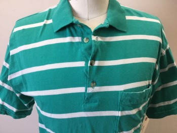 PIERRE CARDIN, Emerald Green, White, Cotton, Stripes - Horizontal , Short Sleeves, 1 Pocket,