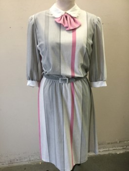 T JUNIORS, Lt Gray, Bubble Gum Pink, Gray, Polyester, Stripes - Vertical , 3/4 Sleeves, Solid White Peter Pan Collar with Scallopped Lace Trim, Pink Bow at Center Front Neck, Padded Shoulders, Elastic Waist, Knee Length, **With Matching Self Fabric Belt,