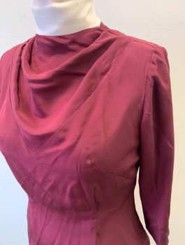 Womens, Blouse, N/L MTO, Red Burgundy, Silk, Solid, W:30, B:38, 3/4 Sleeves, High Neckline with Pleats at Each Shoulder and Bias Cut Cowl, Tiny Hidden Snap Closures in Back, Padded Shoulders, Made To Order Reproduction