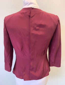 Womens, Blouse, N/L MTO, Red Burgundy, Silk, Solid, W:30, B:38, 3/4 Sleeves, High Neckline with Pleats at Each Shoulder and Bias Cut Cowl, Tiny Hidden Snap Closures in Back, Padded Shoulders, Made To Order Reproduction