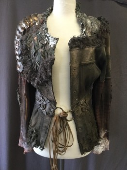 Womens, Sci-Fi/Fantasy Jacket, ZARA TRAFALUC, Brown, Silver, Moss Green, Tobacco Brown, Cotton, Leather, Patchwork, B34, S, Jersey Base with a Mixed Media Collage of Acrylic Painted Parts of Plaid Shirts, Fur and Snake Skin, Leather Belt Applique, Attached Plastic Elbow Pads,