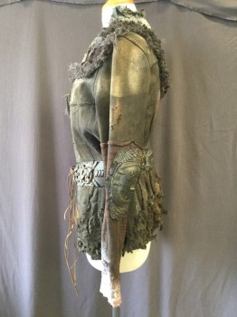Womens, Sci-Fi/Fantasy Jacket, ZARA TRAFALUC, Brown, Silver, Moss Green, Tobacco Brown, Cotton, Leather, Patchwork, B34, S, Jersey Base with a Mixed Media Collage of Acrylic Painted Parts of Plaid Shirts, Fur and Snake Skin, Leather Belt Applique, Attached Plastic Elbow Pads,