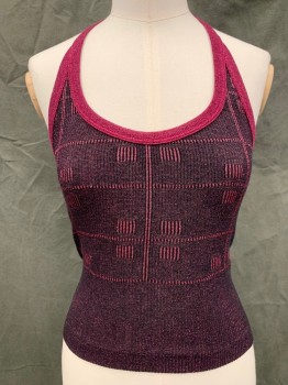 N/L, Black, Red Burgundy, Synthetic, Lurex, Grid , Stretch Ribbed Knit, Scoop Neck Halter Tank, Glittery, Grid with Striped Squares, Solid Burgundy Glitter Trim,