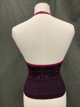 N/L, Black, Red Burgundy, Synthetic, Lurex, Grid , Stretch Ribbed Knit, Scoop Neck Halter Tank, Glittery, Grid with Striped Squares, Solid Burgundy Glitter Trim,