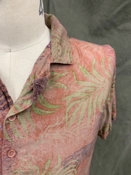 Mens, Hawaiian Shirt, NATIVE YOUTH, Faded Red, Olive Green, Aubergine Purple, Purple, Cotton, Leaves/Vines , Hawaiian Print, XL, Faded, Button Front, Collar Attached, Short Sleeves