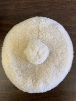 N/L, White, Fur, Shearling, Pillbox Shape, Small Self Puff Pom Pom at Top of Head, Inside is Sheepskin