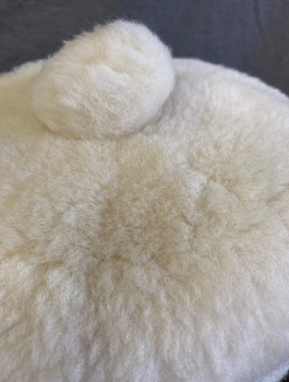 N/L, White, Fur, Shearling, Pillbox Shape, Small Self Puff Pom Pom at Top of Head, Inside is Sheepskin