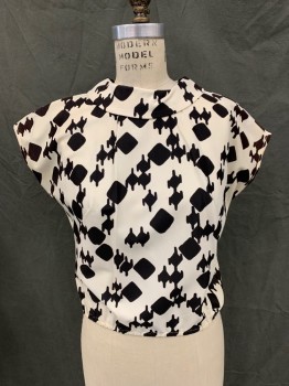 KORET OF CALIFORNIA, Black, White, Polyester, Houndstooth, Deconstructed Houndstooth Pattern, Cap Sleeve, Round Collar, Zip Back, Elastic Waist, *Small Red Spot on Front*
