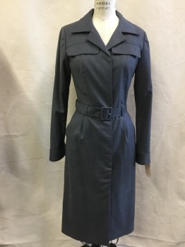 TRISH SUMMERVILLE, Gray, Wool, Solid, Button Front, Long Sleeves with Button Cuffs, Notched Lapel, 2 Pockets 2 Pocket Flaps, MATCHING BELT, Belt Loops,