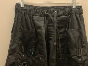 Mens, Sci-Fi/Fantasy Pants, NO LABEL, Black, Polyester, Solid, 34/30, Elastic Waist Band With D String, Cargo Pockets, Blue Paint Splatter, Several Bands With Side Release Buckles, Made To Order