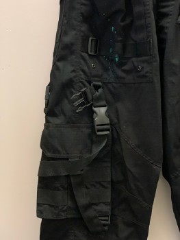 NO LABEL, Black, Polyester, Solid, Elastic Waist Band With D String, Cargo Pockets, Blue Paint Splatter, Several Bands With Side Release Buckles, Made To Order