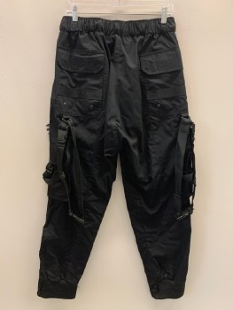 Mens, Sci-Fi/Fantasy Pants, NO LABEL, Black, Polyester, Solid, 34/30, Elastic Waist Band With D String, Cargo Pockets, Blue Paint Splatter, Several Bands With Side Release Buckles, Made To Order
