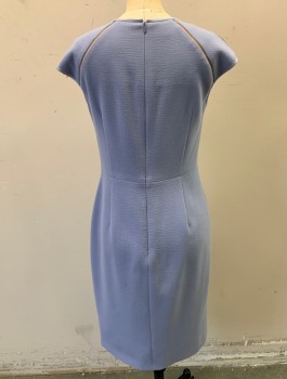 ESCADA, Periwinkle Blue, Wool, Elastane, Solid, Sleeveless, Round Neck, Thin 1/4" Wide Horizontal Stripe with Beige Sheer Mesh Across Chest, Sheath Dress, Knee Length, Invisible Zipper in Back, High End/Designer