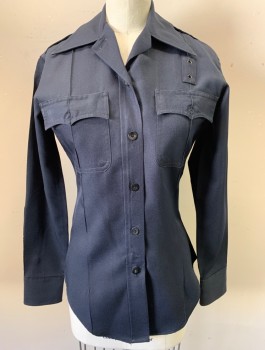 Womens, Fire/Police Shirt , MR. MARTI, Navy Blue, Polyester, Solid, B:34", Sz.32, Long Sleeves, Faux Button Front with Hidden Zipper, Collar Attached, 2 Patch Pockets with Flaps, Epaulets at Shoulders with Silver Embossed Button, Fitted