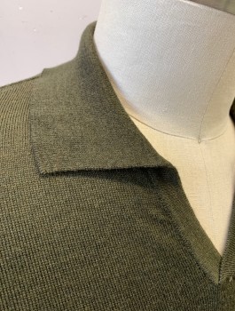 Mens, Pullover Sweater, OFFICINE GENERALE, Olive Green, Wool, Solid, L, Knit, Polo Style with Collar Attached, V-Neck, L/S